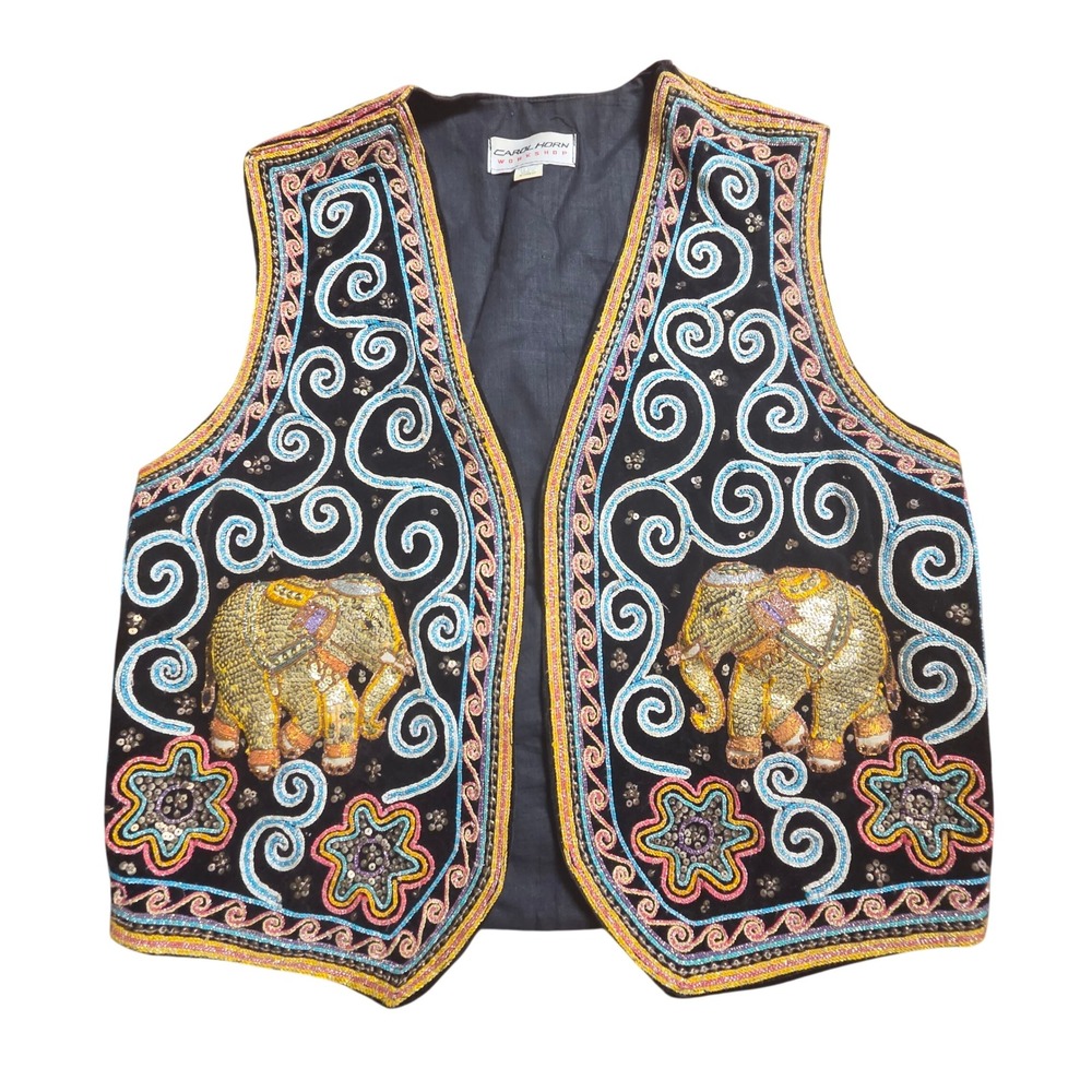 Carol Horn Workshop Beaded Elephant Embroidered Sequined Vest One Size Cotton